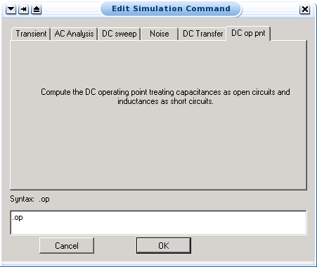 DC operating point command menu