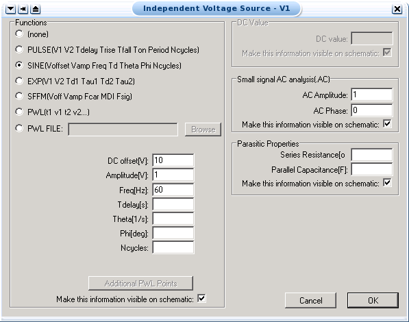 sine voltage configuration window